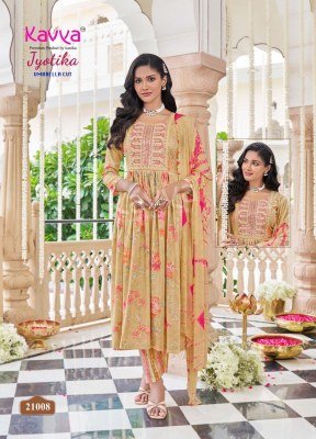 Kavya Jyotika Vol 21 Umbrella Cut Set  Capsule Foil Print Top with Elegant Neck Embroidery And Comfort Fit Capsule Print Bottom Nazneen Chiffon Dupatt kurtis catalogs