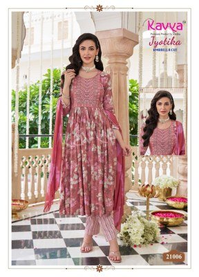 Kavya Jyotika Vol 21 Umbrella Cut Set  Capsule Foil Print Top with Elegant Neck Embroidery And Comfort Fit Capsule Print Bottom Nazneen Chiffon Dupatt kurtis catalogs