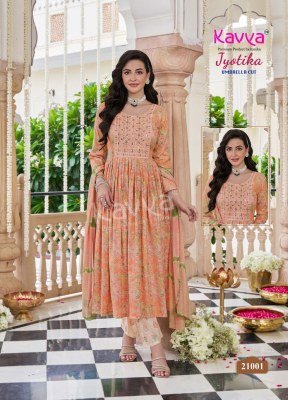 Kavya Jyotika Vol 21 Umbrella Cut Set  Capsule Foil Print Top with Elegant Neck Embroidery And Comfort Fit Capsule Print Bottom Nazneen Chiffon Dupatt kurtis catalogs