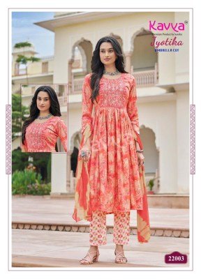 Kavya Jyotika Vol 22 Exclusive Embroidered Umbrella Cut Top, Capsule Print Bottom And Nazneen Chiffon Dupatta Wholesale kurtis catalogs