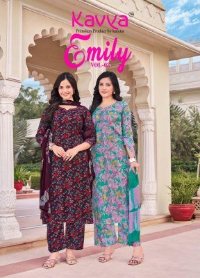  Kavya Kurti Emily Vol 3 Luxe Foil Palazzos Set Capsule Foil Printed Top And Bottom  Embroidered Neck  Nazleen Chiffon Dupatta Wholesale Kavya 