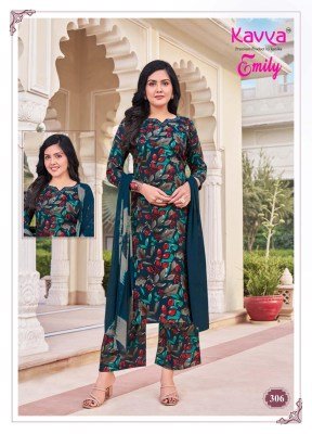  Kavya Kurti Emily Vol 3 Luxe Foil Palazzos Set Capsule Foil Printed Top And Bottom  Embroidered Neck  Nazleen Chiffon Dupatta Wholesale kurtis catalogs