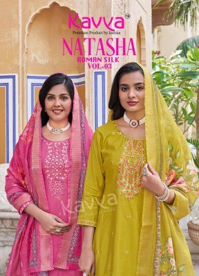 Kavya Natasha Vol 3 Exclusive Embroidered Roman Silk Digital Print Kurti with Stitched Pant and Fancy  Dobby Patti Chanderi Dupatta Wholesale Kavya 