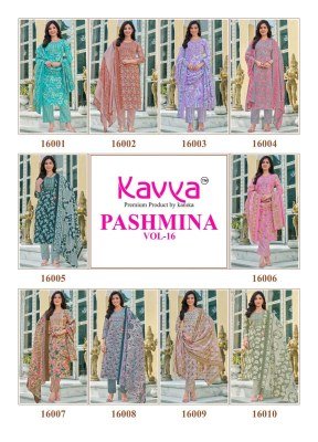 Kavya Pashmina Vol 16 Comfort Fit Malaysian Cotton Suit Embroidery work Neck Pant with Pure Cotton Dupatta Wholesale kurtis catalogs