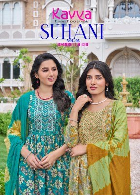 Kavya Suhani Vol 5 Umbrella Cut Poly Viscose Foil Print Top with Neck Embroidery And Comfort Fit Printed Bottom with Chanderi Cotton Dupatta Wholesale kurtis catalogs
