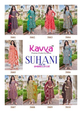 Kavya Suhani Vol 5 Umbrella Cut Poly Viscose Foil Print Top with Neck Embroidery And Comfort Fit Printed Bottom with Chanderi Cotton Dupatta Wholesale kurtis catalogs