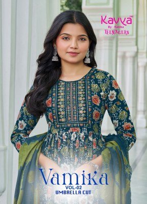 Kavya Vamika Vol 2 Teenagers Umbrella Cut Set  Poly Viscose Foil Print Top Printed Pants Chanderi Dupatta Kurti Catalogs Wholesale kurti pant with dupatta Catalogs