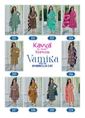 Kavya Vamika Vol 2 Teenagers Umbrella Cut Set  Poly Viscose Foil Print Top Printed Pants Chanderi Dupatta Kurti Catalogs Wholesale kurti pant with dupatta Catalogs
