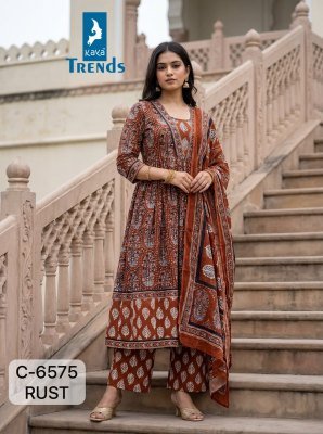 Kaya D No  6575 Pure Cotton Anarkali Suit Set with Handwork  Printed Bottom   Dupatta readymade suit catalogs