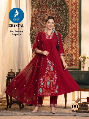 Kaya Kurti Crystal 3 Piece Anarkali Mul Chanderi Top Roman Bottom and Chanderi Dupatta Wholesale Product kurtis catalogs