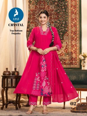 Kaya Kurti Crystal 3 Piece Anarkali Mul Chanderi Top Roman Bottom and Chanderi Dupatta Wholesale Product kurtis catalogs