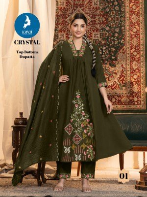 Kaya Kurti Crystal 3 Piece Anarkali Mul Chanderi Top Roman Bottom and Chanderi Dupatta Wholesale Product kurtis catalogs