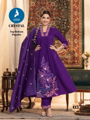 Kaya Kurti Crystal 3 Piece Anarkali Mul Chanderi Top Roman Bottom and Chanderi Dupatta Wholesale Product kurtis catalogs