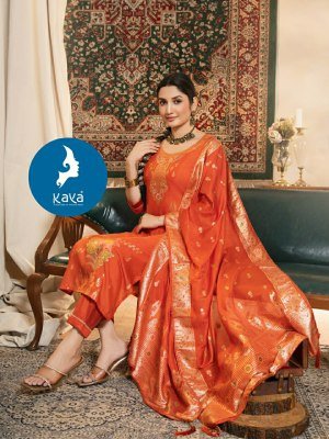Kaya Kurti Dhyani 3 Piece Set Kurti Catalogs Chanderi Jacquard Top And Dupatta Wholesale kurtis catalogs