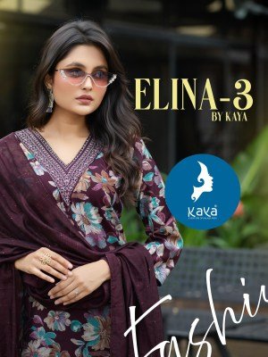 Kaya Kurti Elina 3 Straight Cut Suit Set Vertical Foil Print Top, Matching Bottom And Chanderi Sequin Dupatta Wholesale kurtis catalogs