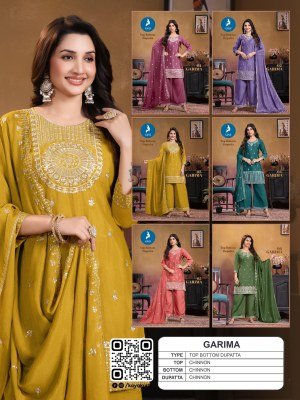 Kaya Kurti Garima Collection Straight Cut Kurti with Plazzo And Dupatta Chinon 3 Piece Set Wholesale Product kurti pant with dupatta Catalogs