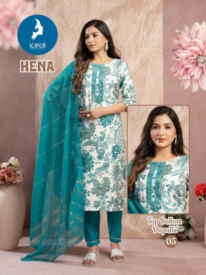 Kaya Kurti Hena Straight Cut Kurti Set  Top Vertical Foil Print  Roman Silk Bottom And Fancy Chanderi Dupatta Wholesale kurtis catalogs