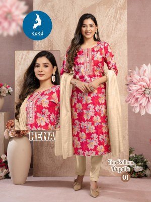 Kaya Kurti Hena Straight Cut Kurti Set  Top Vertical Foil Print  Roman Silk Bottom And Fancy Chanderi Dupatta Wholesale kurtis catalogs