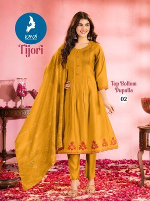 Kaya Kurti Tijori Piece Anarkali Set  Vertican Silk Top And Bottom Fancy Chanderi Dupatta Wholesale fancy Anarkali suit catalogs