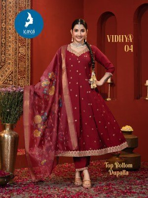Kaya Kurti Vidya Anarkali Kurti Set Roman Silk Top And Bottom with Organza Dupatta Wholesale  kurtis catalogs