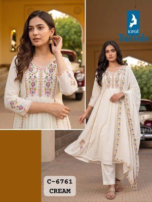 Kaya Trends D.No. 6761 Mull Chanderi A-Line Kali 3-Piece Embroidery Handwork Suit Size wise Combo Set