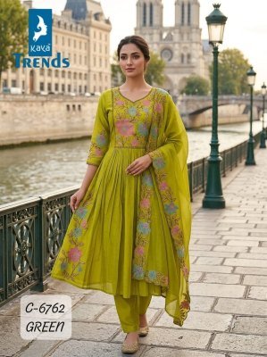 Kaya Trends D.No. 6762 Mull Chanderi A-Line Embroidery Work 3-Piece Suit wholesale catalogs