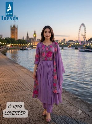 Kaya Trends D.No. 6762 Mull Chanderi A-Line Embroidery Work 3-Piece Suit Size wise Combo Set