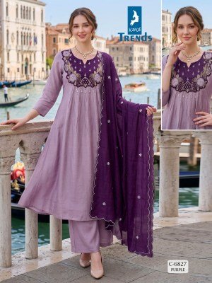 Kaya Trends D.No. 6827 Mull Chanderi 3-Piece Ghera Suit with Manual Patch Work  LONG DESCRIPTION wholesale catalogs