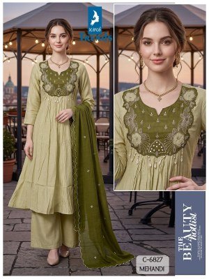 Kaya Trends D.No. 6827 Mull Chanderi 3-Piece Ghera Suit with Manual Patch Work  LONG DESCRIPTION Size wise Combo Set