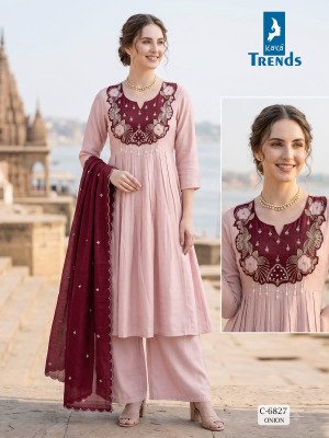 Kaya Trends D.No. 6827 Mull Chanderi 3-Piece Ghera Suit with Manual Patch Work  LONG DESCRIPTION Size wise Combo Set