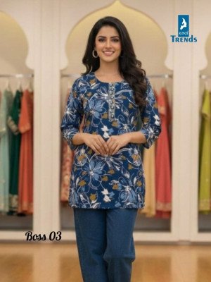 Kaya Trends Printed Short Top with Neck Tie Work     Boss Mix Combo Set kurtis catalogs