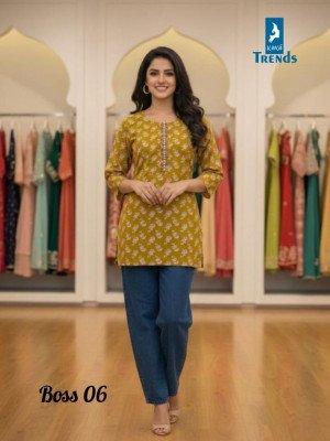 Kaya Trends Printed Short Top with Neck Tie Work     Boss Mix Combo Set kurtis catalogs