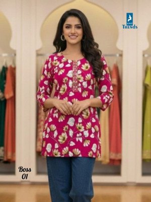 Kaya Trends Printed Short Top with Neck Tie Work     Boss Mix Combo Set kurtis catalogs