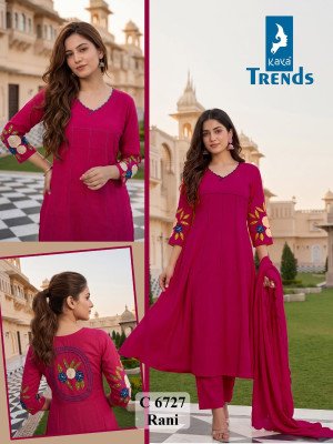 Kaya Trends RANI D.No. 6727 Mull Chanderi 3-Piece Ghera Suit with Back & Sleeves Work Size wise Combo Set