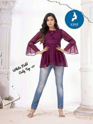 Kaya White field Georgette butti Short Top Collection Buy Online wholesale rate  kurtis catalogs