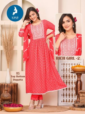 Kaya kurti by Rich Girl 2 fancy reyon printed readymade suit catalogue at low rate readymade suit catalogs