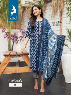 Kaya kurti presents mosoon rayon printed Kurti pants and dupatta set catalogue wholesale rate  Amavi