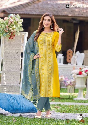 Kadlee Malhar Rayon Handwork And Embroidery Work Kurti Pant Dupatta set wholesale Kurti catalogue  kurtis catalogs