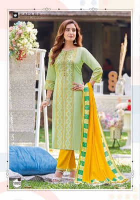 Kadlee Malhar Rayon Handwork And Embroidery Work Kurti Pant Dupatta set wholesale Kurti catalogue  kurtis catalogs