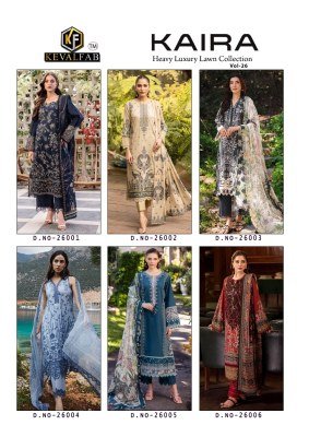 Keval Fab Kaira Vol 26 Unstitched Karachi Collection Heavy Lawn Cotton Designer Prints Top Bottom Dupatta Wholesale dress material catalogs