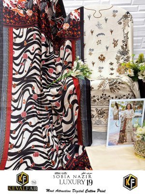 Keval Fab Sobia Nazir Vol 19 Karachi Exclusive Designer Collection  Unstitched Heavy Cotton Print Suit Set with Mal Mal Dupatta Wholesale dress material catalogs