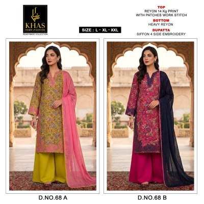 Khas Collection Design 68 Rayon Printed Kurti Pant Set with Chiffon Dupatta kurti pant with dupatta Catalogs
