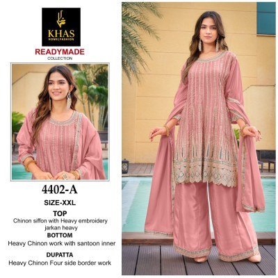 Khas D No 4402 A B C Glamour Weave Premium Chinon Silk Trio Kurta  Pants And Dupatta Wholesale kurtis catalogs