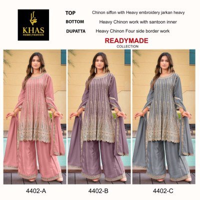 Khas D No 4402 A B C Glamour Weave Premium Chinon Silk Trio Kurta  Pants And Dupatta Wholesale kurtis catalogs