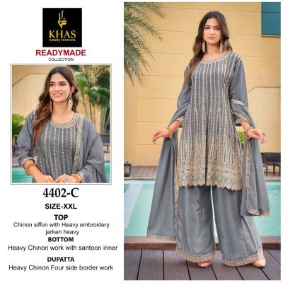 Khas D No 4402 A B C Glamour Weave Premium Chinon Silk Trio Kurta  Pants And Dupatta Wholesale kurtis catalogs