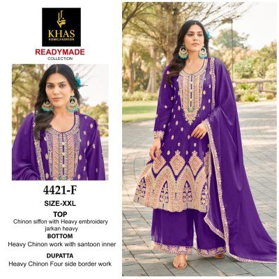 Khas D No  4421 D  E F  Exclusive Chinon Silk Ready Made Top Palazzo And Dupatta Set Elegant Party Wear Collection Wholesale kurtis catalogs