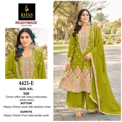 Khas D No  4421 D  E F  Exclusive Chinon Silk Ready Made Top Palazzo And Dupatta Set Elegant Party Wear Collection Wholesale kurtis catalogs