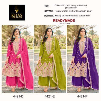 Khas D No  4421 D  E F  Exclusive Chinon Silk Ready Made Top Palazzo And Dupatta Set Elegant Party Wear Collection Wholesale kurtis catalogs
