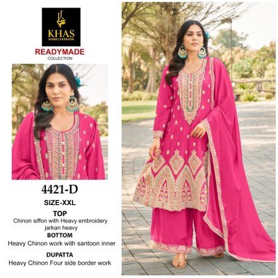 Khas D No  4421 D  E F  Exclusive Chinon Silk Ready Made Top Palazzo And Dupatta Set Elegant Party Wear Collection Wholesale kurtis catalogs