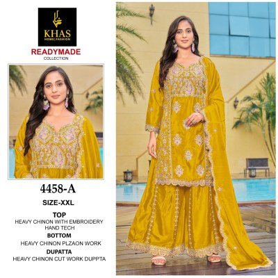 Khas D No 4458 Elegant Chinon Silk Embroidered Suit Set Top  Bottom And Dupatta Wholesale kurtis catalogs
